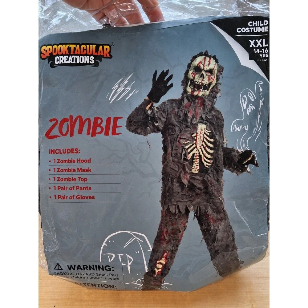 Zombie Horror Halloween Costume Child XXL 14-16 Mask Hood Skeleton Spooktacular